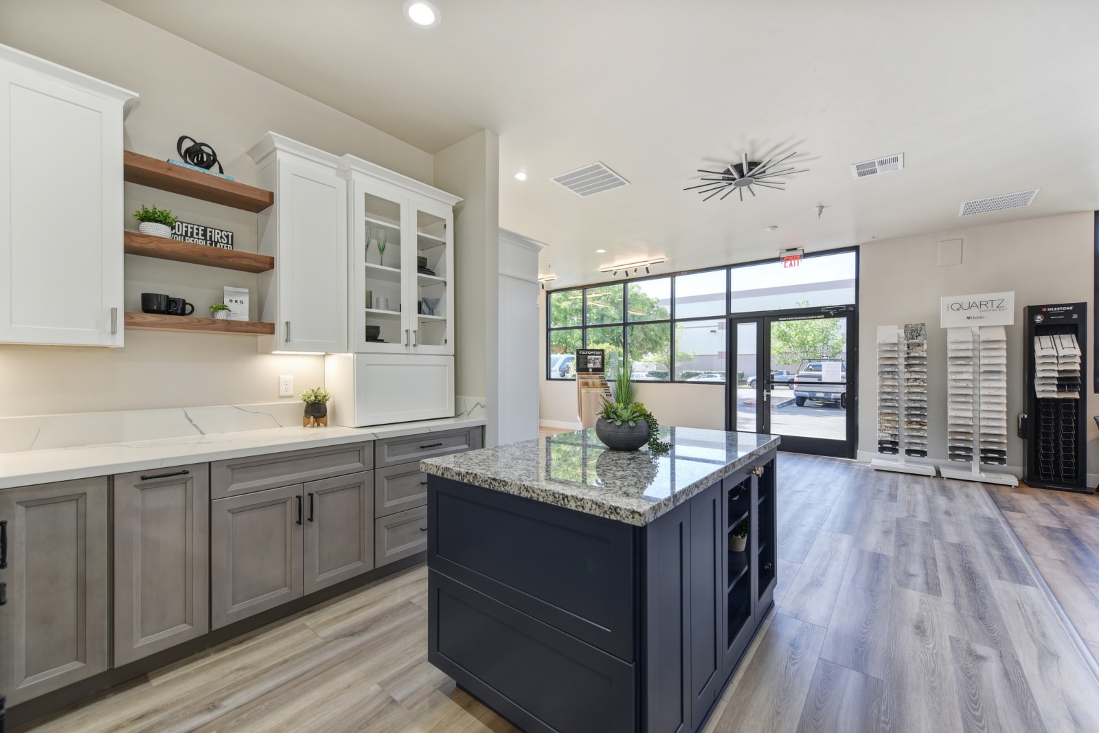 Dry Creek Construction's showroom featuring custom cabinets and a kitchen island